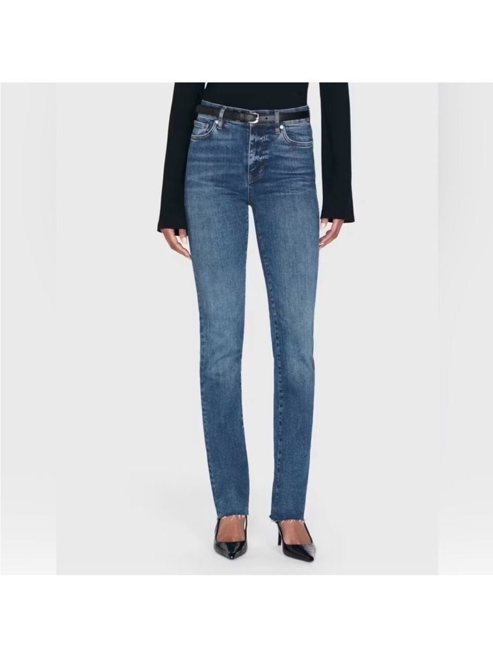 Frame Le High Straight Long Raw Hem Fray
in Mermaid Blue Denim, size 27
